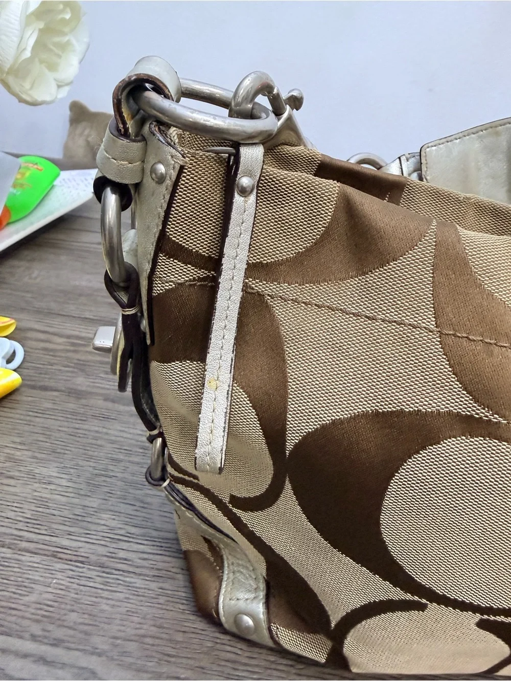 Coach Canvas Shoulder Bag in Brown and Tan Signature Print